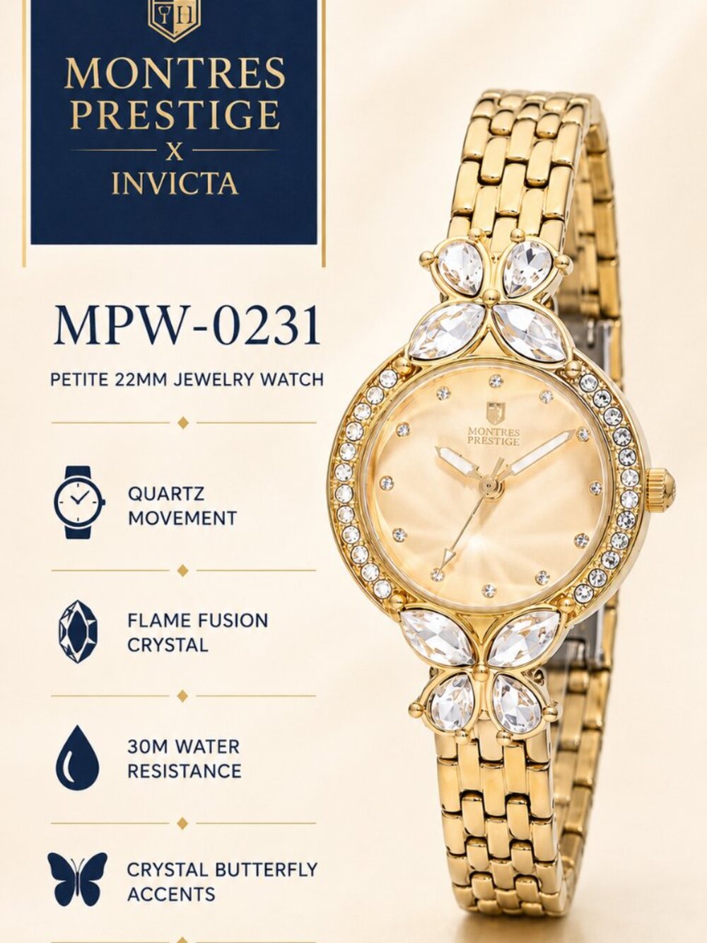 Montres Prestige x Invicta Gold Crystal Butterfly Watch 22mm MPW-0231 NIB - Picture 3 of 13